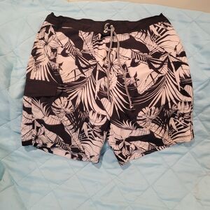 George Black and White Tropical Print Swim Shorts